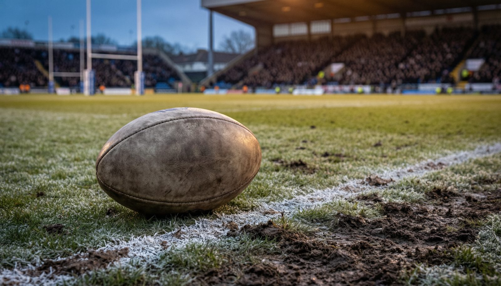 AI生成示意图:湿草地上的一颗橄榄球与球门柱,背景是夜间看台